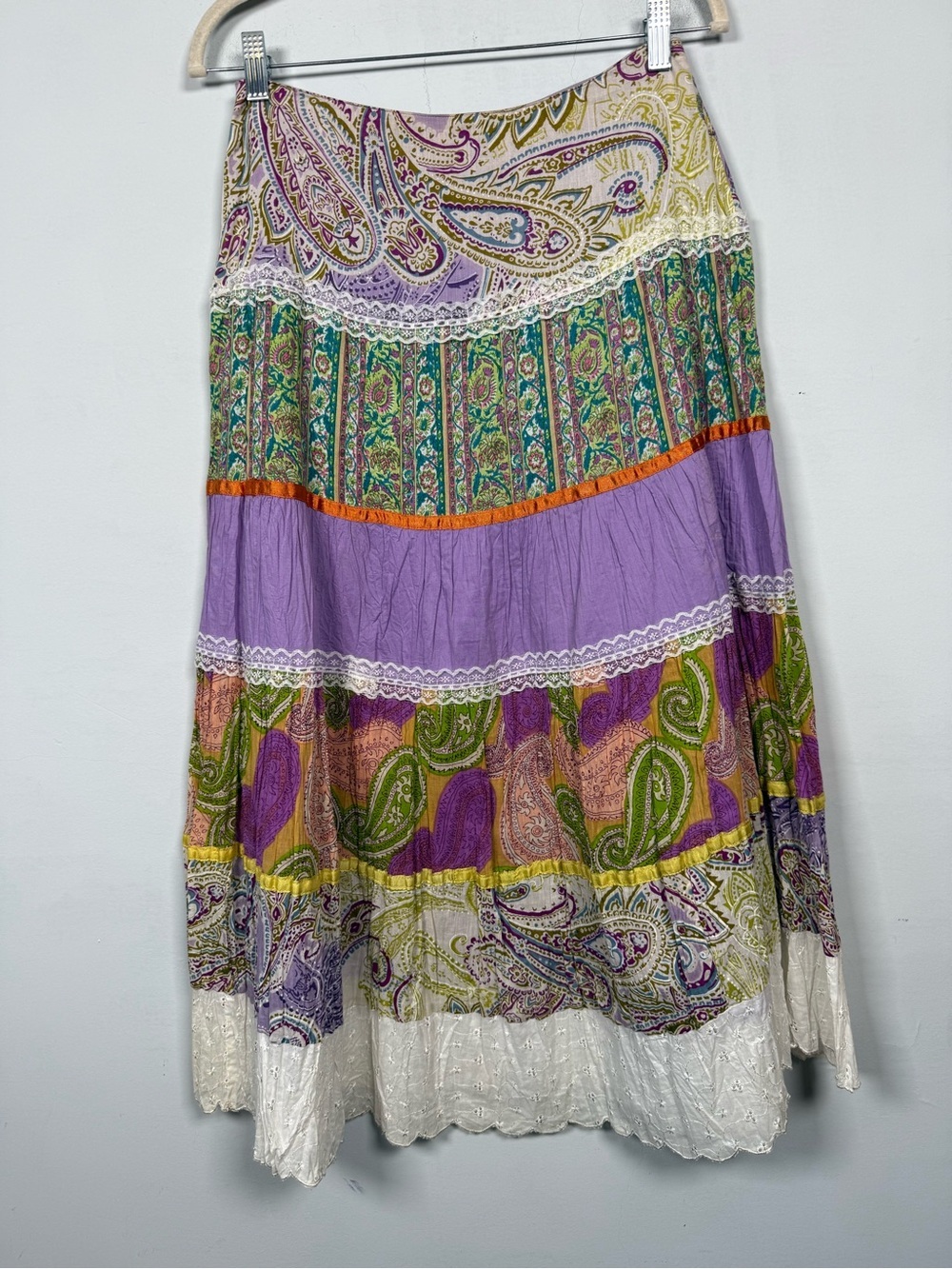 Live A Little Boho Tiered Patchwork Maxi Skirt Paisley Lace Size 4P 100% Cotton